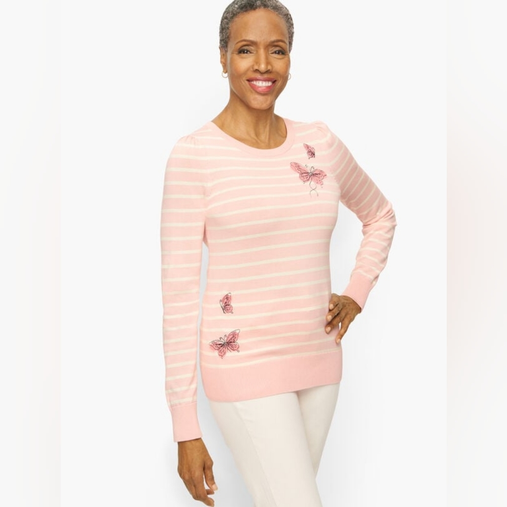 TALBOTS CREWNECK SWEATER - EMBROIDERED BUTTERFLY STRIPE